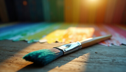 Fototapeta premium Teal Bristled Paintbrush Against Rainbow-Painted Surface in Natural Light