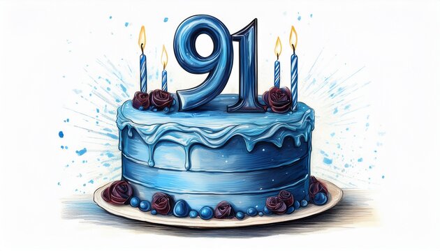 Illustration of decorated blue cake for birthday or anniversary party. Number 91, ninety-first birthday celebration