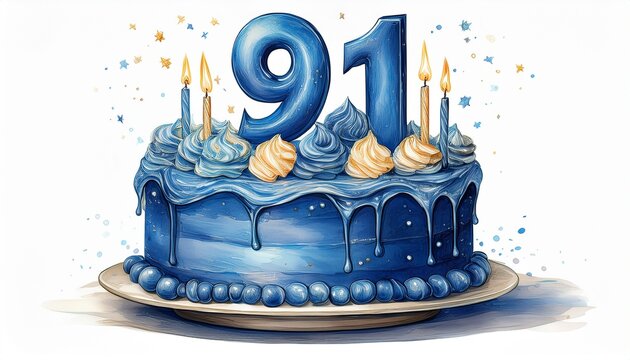 Illustration of decorated blue cake for birthday or anniversary party. Number 91, ninety-first birthday celebration