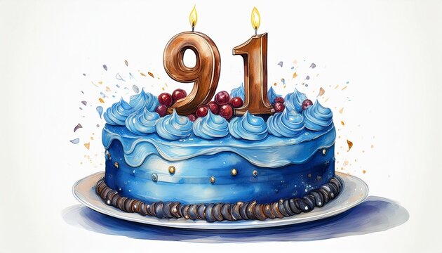 Illustration of decorated blue cake for birthday or anniversary party. Number 91, ninety-first birthday celebration