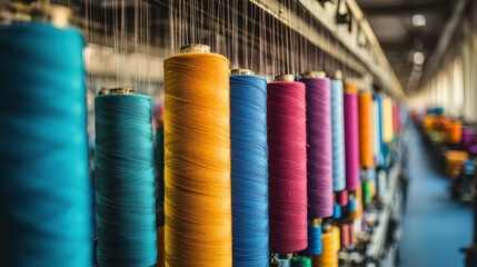 Vibrant Spools of Thread in a Busy Textile Factory Showcasing the Reality of Sweatshop Labor and Crowded Working Conditions