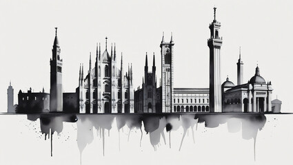 Fototapeta premium Timeless Milan: A Black and White Watercolor Skyline