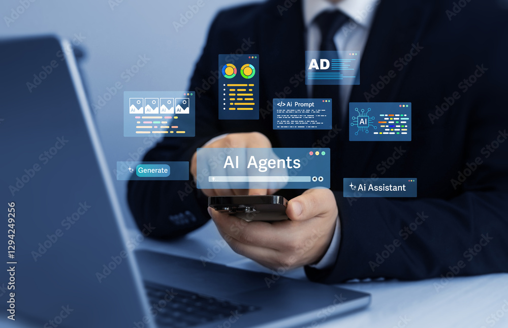 Poster Image generator, documents, marketing and advertising, bot writing and coding.Interaction with the Ai assistant to solve some tasks more easily. Person using laptop with Ai Content Generator.	