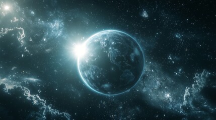 Glowing Earth Surrounded by Cosmic Nebula and Bright Stars in a Stunning Space Landscape Visual Forming a Breathtaking Scene
