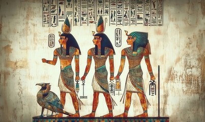 Ancient Egyptian figures and hieroglyphs on weathered wall artwork.