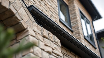 Modern Home Exterior with Stone Facade and Sleek Black Gutters. High-end residential architecture, showcasing modern design elements and quality construction.