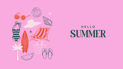 Summer backgrounds, pattern, cards, banner templates. Hand drawn modern illustrations, doodles with sea shells, surf boards, beach chair, swimsuit and flip flops elements