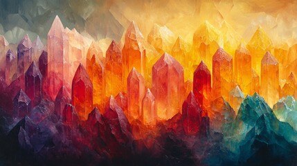 An abstract, geometric image of a mountain range made entirely of translucent crystals, with light reflecting off the surfaces in rainbow colors, symbolizing clarity and transformation