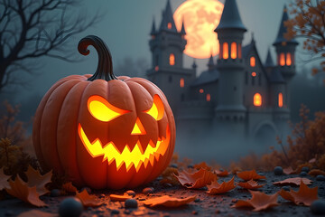 AI-generated Halloween: glowing pumpkin, castle, moonlit scene. Perfect for spooky, festive designs.