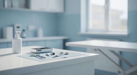 Medical equipment on examination table in blue doctor's office. Healthcare concept. Empty clinic room with window. Hospital interior design. Copy space for text.