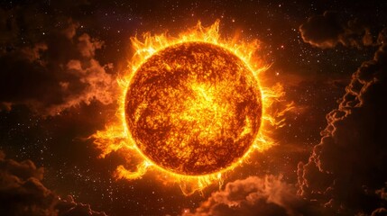 Bright Glowing Sun in a Dramatic Sky Surrounded by Fiery Flames and Clouds Illuminating the Night with Celestial Wonder