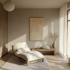 Interior scene featuring a minimalist lounge chaise lounge and decor