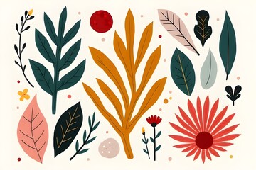 Colorful Botanical Illustration with Leaves, Flowers, and Branches