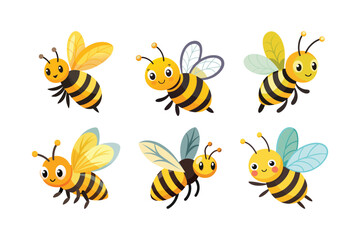 Six Cheerful Cartoon Bees – Vibrant 2D Vector Illustrations for Playful Designs