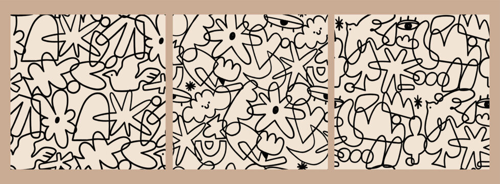 Fototapeta Various doodle outline shapes, objects, curves, lines. Abstract contemporary, unique, trendy style. Hand drawn modern Vector illustration. Set of three square seamless Patterns, background, wallpaper