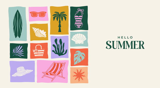 Summer backgrounds, pattern, cards, banner templates. Hand drawn modern illustrations, doodles with sea shells, surf boards, beach chair, swimsuit and flip flops elements