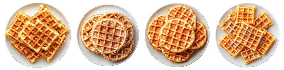 Collection of belgian waffles on plates isolated on transparent background