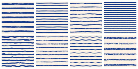 Seamless sailor vest stripes vector pattern collection. Hand brush crayon chalk drawn textured distressed uneven doodle grunge rough wavy stripes streaks bars strokes. Retro striped backgrounds set
