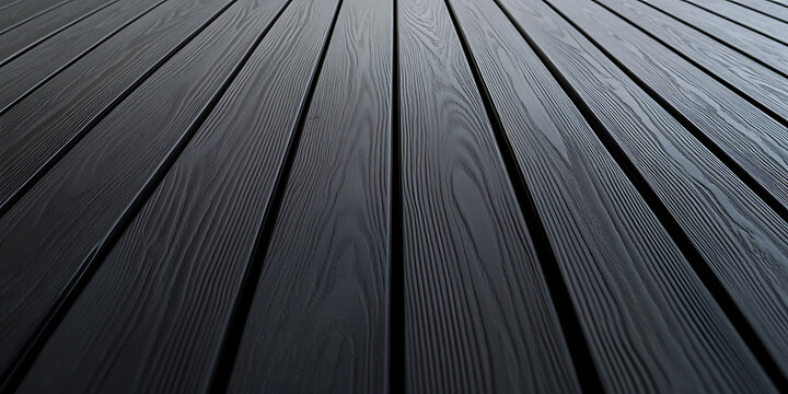 Dark wooden planks arranged parallel to each other, creating a stylish and modern outdoor surface.