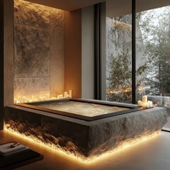 A luxurious stone bathtub sits illuminated with candles