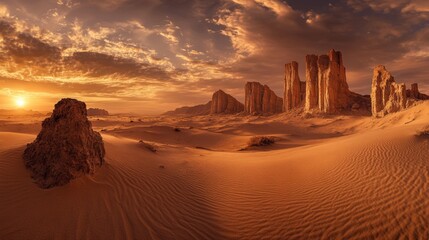 Majestic rock formations at sunset in desert landscape with dramatic sky