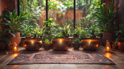 Group sound bath with plants and soft textiles, singing bowls, calming light, healing vibe
