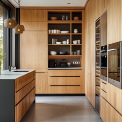 Elegant kitchen interiors feature modern and wooden cabinetry and fixtures