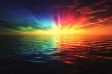 Obraz premium Colorful sunrise over calm ocean waters creates a breathtaking natural spectacle with vibrant hues reflected on the surface