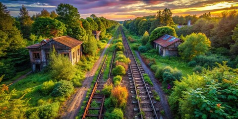 Fototapeta premium Overgrown Abandoned Railway Siding - Drone Aerial View