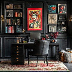 Stylish home office with bold artwork, black furniture, layered textiles, and moody lighting, creating a dynamic artistic ambiance