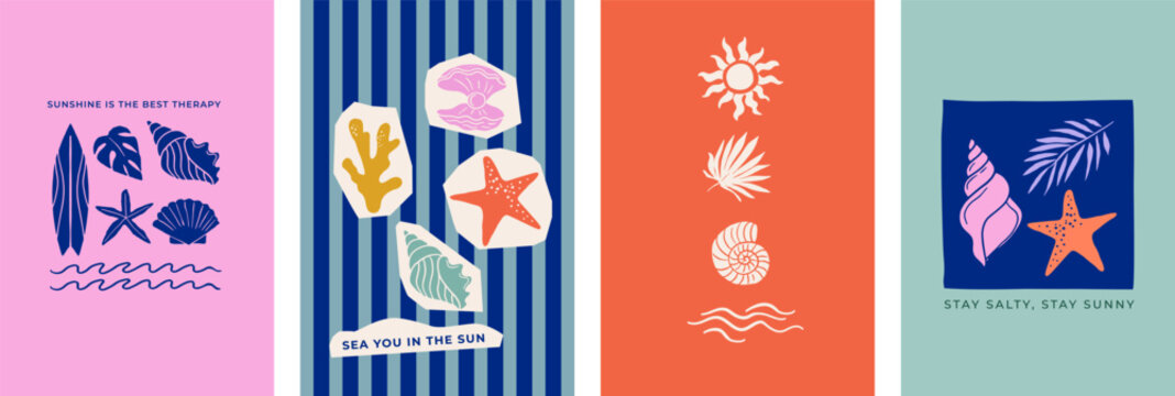 Summer backgrounds, vertical cards, banner templates with sea life illustrations. Hand drawn modern printable posters