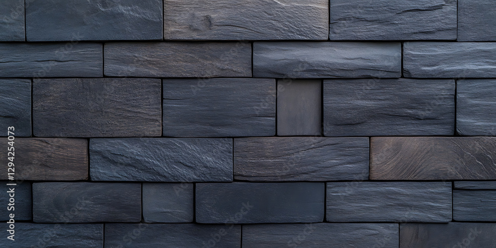 Poster dark stone cladding with a textured finish. the wall tiles exhibit subtle variations in shade and si