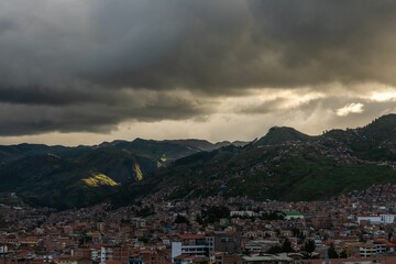 Panoramic view of Cusco cityscape before sunset