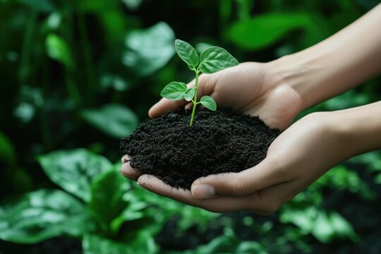 Hands gently hold small plant in rich soil, symbolizing growth a