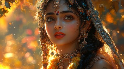 Krishna and Radha, peaceful moment, sunset hues, divine love, golden illumination