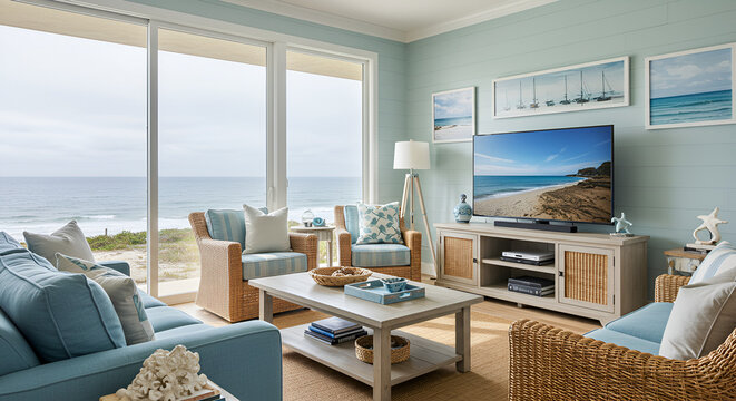 A breezy coastal-themed TV lounge with light blue and white tones, rattan furniture, and a large sliding glass door opening to an ocean view