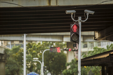 close up of pedestrian red light traffic light showing red light under the highway bridge daytime
