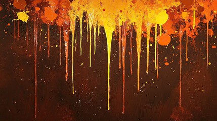 Fiery orange and yellow paint splatters dripping downward over coarse