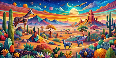 Panoramic Boho Animal Print Painting: Modern Abstract Wildlife Art