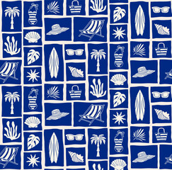 Summer, beach, sea and ocean blue and white seamless pattern. Hand drawn sea shells, surf board, corals, swimsuit, watermelon and palm leaf illustrations. Textile design, abstract background