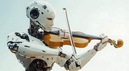 Fototapeta premium A photograph of an AI humanoid robot playing the violin, ideal for futuristic and creative themes