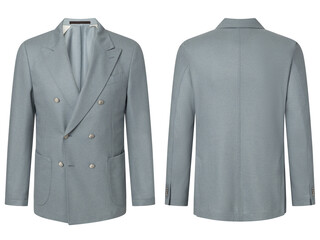 Portrait of men's suit jacket ( blazer ) isolated in white background, invisible ghost mannequin. Fashion industry high-quality studio shot photography. Front and back view.