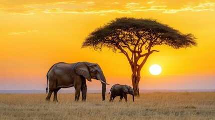 Fototapeta premium Majestic Elephants at Sunset Under Acacia Tree in Serengeti National Park