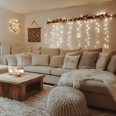 A cozy room showcasing a living room with lighting