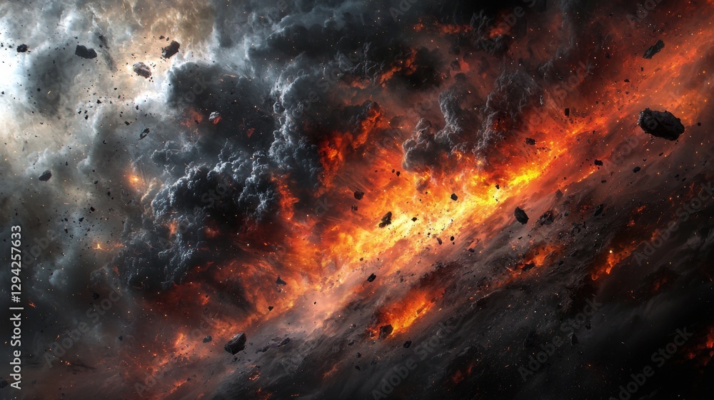 Poster dramatic cosmic scene of exploding stars and fiery clouds in deep space with asteroids and fiery gas