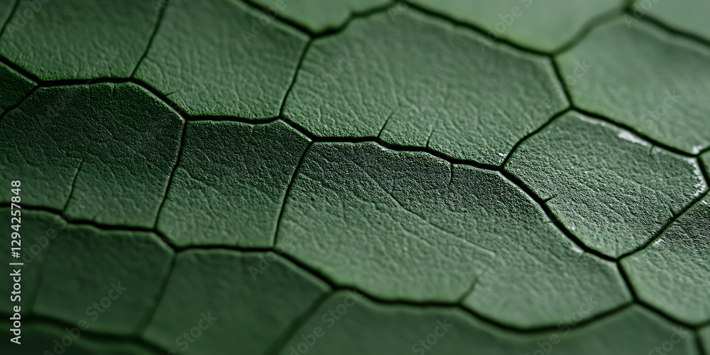 Poster close-up of green leather texture showcasing irregular polygonal patterns and intricate fine lines, 