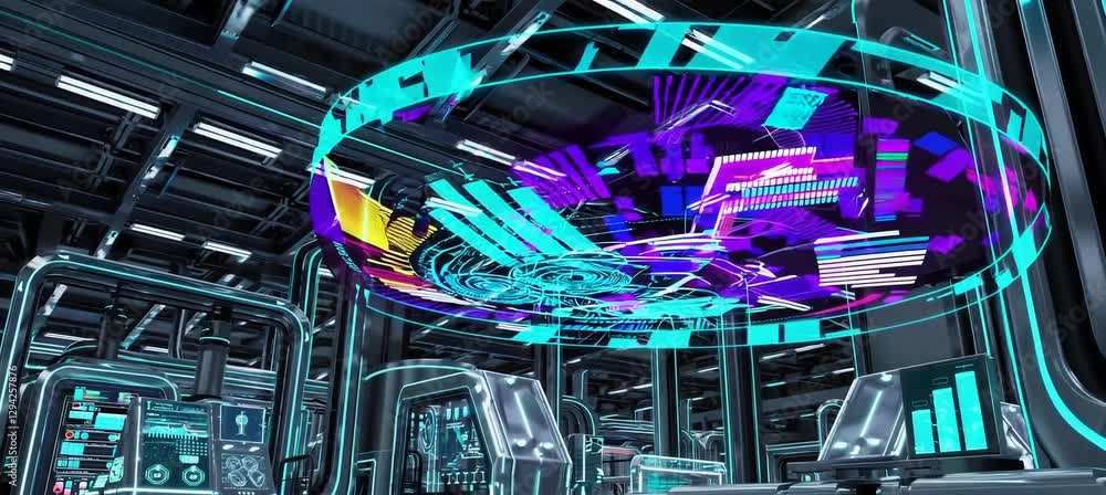 Poster futuristic data display: technology hub with vibrant holographic interface and dynamic analytics vis
