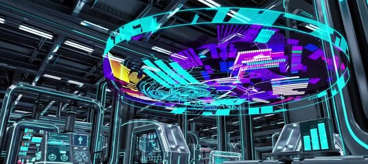 Futuristic data display: technology hub with vibrant holographic interface and dynamic analytics visualization - Powered by Adobe