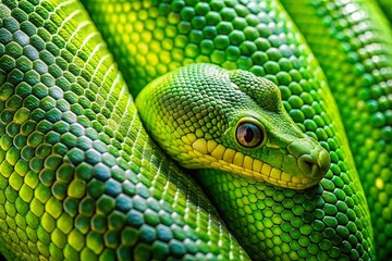 Obraz premium Panoramic Green Snake Skin Texture: Vibrant Emerald and Lime Stripes