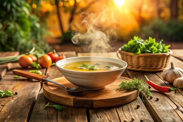 Panoramic Image: Clear Chicken Broth in Bowl, Healthy, Simple, Delicious